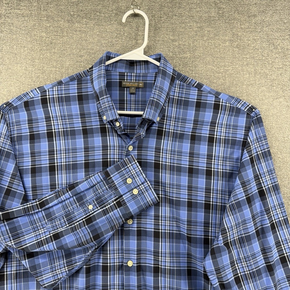 Peter Millar Summer Comfort Shirt Men Size 2X Blue Plaid Long Sleeve Button Up